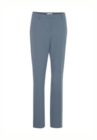 Lichtblauwe op maat gemaakte broeken met een recht model. Beschikt over een vlakke voorkant, riemlussen en zakken, gemaakt van een gladde, geweven stof.