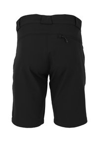 Zwarte shorts van zachte stof, met een platte tailleband, een achterzak met rits en een knielange snit. Gladde textuur, zonder patronen of accenten.