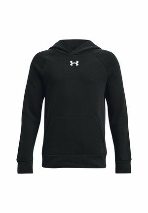 Juodas ilgomis rankovėmis džemperis su kišene priekyje ir baltu "Under Armour" logotipu, esančiu centriškai po kapuce.