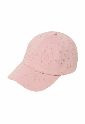 Šviesiai rožinė beisbolo kepurė su siuvinėtomis akių skylučių gėlių raštais ir išlenktu snapeliu, rodoma ant balto fono.