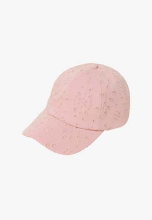 Vaaleanpunainen baseball-lippis, jossa on kirjailtuja silmukkakukkakuvioita ja kaareva lippa, esitetty valkoisella taustalla.