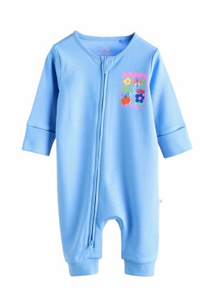 Bodysuit en coton bleu clair avec manches longues, fermeture éclair sur le devant et graphique cartoon représentant des fleurs et des fruits aux couleurs vives.