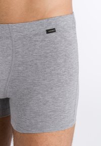 Grå bomullsboxershorts har en mjuk textur, en åtsittande passform och en liten svart etikett med varumärket vid midjan.