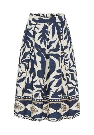 Udvidet nederdel med et marineblåt og hvidt bladmønster, elastisk talje og dekorative trim med geometriske og blomster motiver.