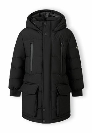 Veste doudoune noire avec capuche, dotée de coutures horizontales, de deux poches zippées sur la poitrine, de deux poches à rabat à l'avant et de poignets côtelés.