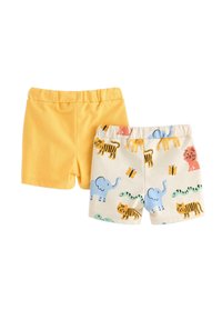 To sæt børne shorts: et sæt i ensfarvet gul, det andet mønstrede med dyr på en lys baggrund. Begge shorts har elastisk talje.