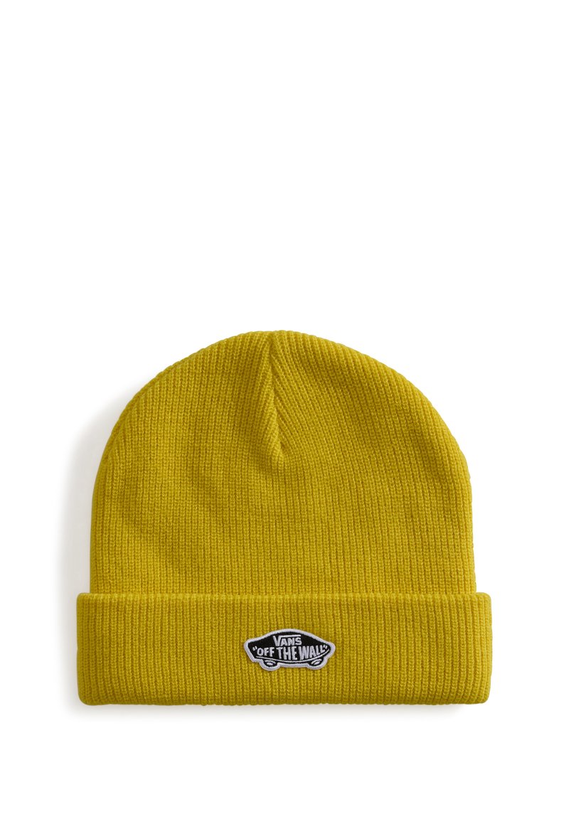 Żółta dzianinowa czapka z podwiniętym mankietem z małą czarno-białą naszywką z logo Vans "Off The Wall" z przodu.
