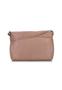 Sac en cuir marron clair à bandoulière avec une texture lisse, équipé d'une sangle ajustable et d'un logo discret à l'avant.