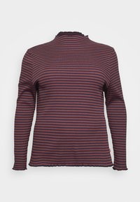 Langærmet bluse i mørk lilla og bordeaux-stribet mønster, ribbet tekstur, letvægtsstof, har en frynset halsudskæring og kant.