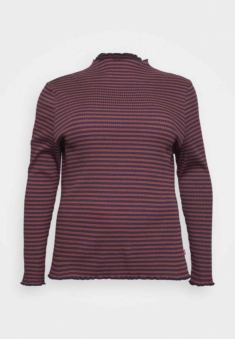 Langærmet bluse i mørk lilla og bordeaux-stribet mønster, ribbet tekstur, letvægtsstof, har en frynset halsudskæring og kant.