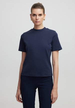 Navy blue short-sleeve t-shirt with a crew neckline, made from soft cotton fabric. Straight-fit design, minimalistic style, smooth texture.