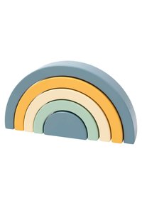 Wooden rainbow stacking toy with five curved pieces in blue, yellow, green, pale cream, and orange. Smooth texture and colorful design.
