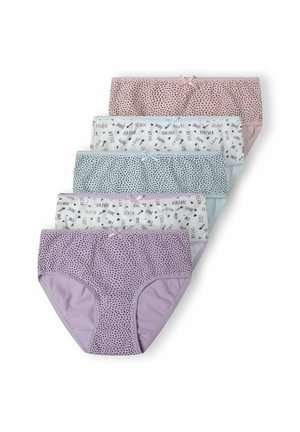 Fem par kvinnors bomullsunderkläder i pastellfärger: rosa, vit med mönster, ljusblå och lavendel, med prickar och rosettaccenter.