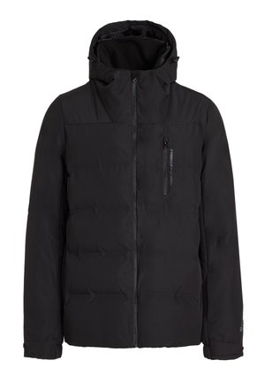 Chaqueta de plumas negra con cremallera frontal y capucha. Presenta un bolsillo con cremallera en el pecho y puños elásticos. Textura suave y paneles cosidos.