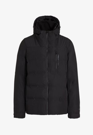 Schwarze Daunenjacke mit einem Frontreißverschluss und Kapuze. Verfügt über eine mit Reißverschluss verschließbare Tasche auf der Brust und elastische Bündchen. Glatte Textur und genähte Einsätze.