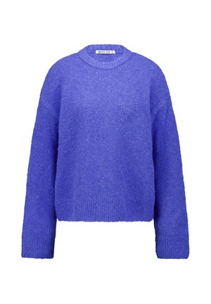 Lila, flauschiger Strickpullover mit rundem Ausschnitt und langen Ärmeln. Verfügt über gerippte Bündchen und Saum. Weiche Textur und kurze Passform.