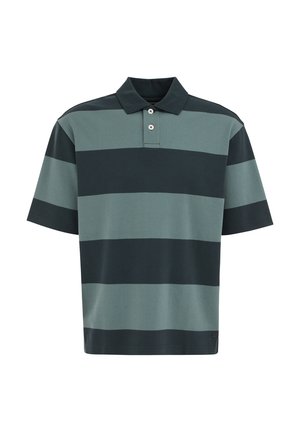Polo à manches courtes avec larges rayures horizontales vert foncé et noires, patte à deux boutons et col.