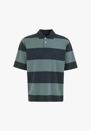 Polo met korte mouwen met brede horizontale strepen in donkergroen en zwart, een knoopsluiting met twee knopen en een kraag.