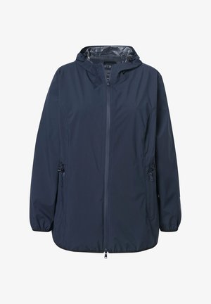 Marineblå vandtæt hættejakke med frontlynlås, justerbare snore i taljen, lommer og elastiske manchetter.