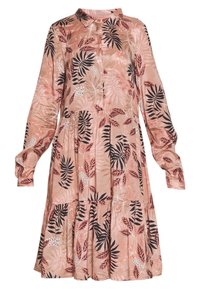 Blumenkleid mit langen Ärmeln aus blassrosa Stoff, das einen Kragen hat und schwarze sowie rosa Blatttmuster aufweist. Es verfügt über eine Knopfleiste und einen ausgestellt gefertigten Rock.