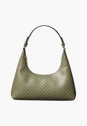 Olívazöld válltáska állítható pánttal és ismétlődő geometriai mintával, amely összekapcsolódó hurkokból áll.