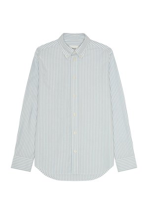 Camicia a righe blu chiaro e bianca con collo a punta, maniche lunghe e orlo curvo. Il tessuto sembra morbido e liscio.