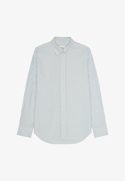 Camicia a righe blu chiaro e bianca con collo a punta, maniche lunghe e orlo curvo. Il tessuto sembra morbido e liscio.