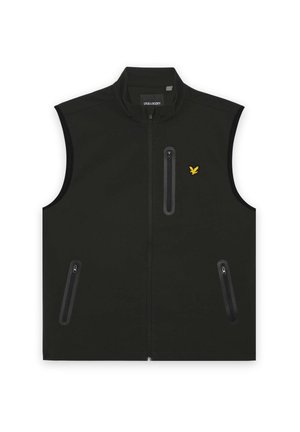 Black sleeveless zip-up vest with three zipped pockets and small yellow bird logo on chest, branded Lyle & Scott.