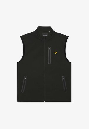 Zwarte mouwloze zip-up bodywarmer met drie ritszakken en een klein geel vogel-logo op de borst, merk Lyle & Scott.