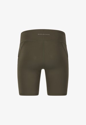 Oliven grønne tætsiddende atletiske shorts med høj talje, flade sømme og "ENDURANCE" logo centreret på det bageste taljebånd.