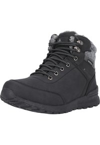 Stivale da hiking impermeabile nero con fodera in pelliccia grigia, occhielli metallici e suola in gomma testurizzata. Presenta lacci a contrasto e colletto imbottito.