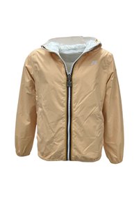 Giacca leggera color pesca con zip frontale, fodera interna bianca, polsini elastici e cappuccio. Presenta un logo sul petto.