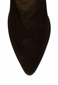 Donkerbruin casual enkelboot van suède met een spitse neus en een gladde textuur. Het ontwerp heeft een slanke silhouet en een minimalistische stijl zonder zichtbare hardware.