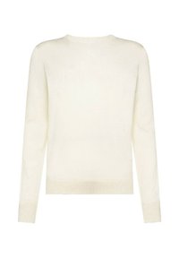 Maglione bianco lavorato a maglia con maniche lunghe, scollatura rotonda, polsi e orlo a coste. Texture liscia con dettagli di motivo sottili.