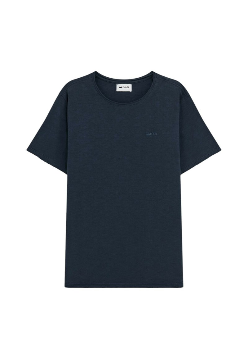 T-shirt blu navy a maniche corte in un tessuto morbido e leggero con collo rotondo e un piccolo logo posizionato sulla parte sinistra del petto.