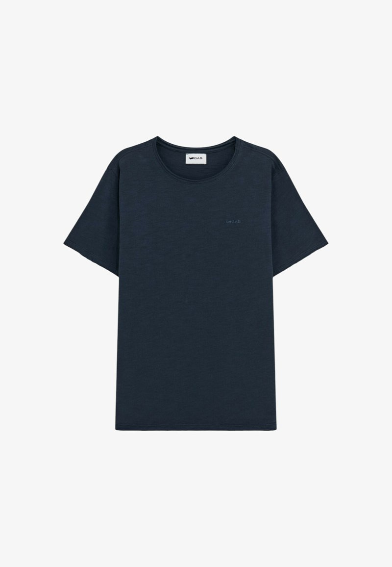 T-shirt blu navy a maniche corte in un tessuto morbido e leggero con collo rotondo e un piccolo logo posizionato sulla parte sinistra del petto.