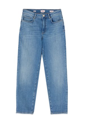 Lichtblauwe slim-fit jeans met voorste knoop en rits, vijfzakkenstijl en licht vervaagde details op de dijen.