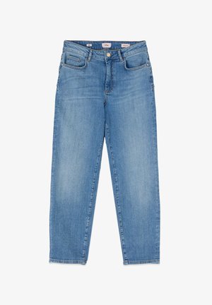 Jeans azzurri slim fit con chiusura frontale a bottoni e cerniera, stile cinque tasche e leggere sfumature sbiadite sulle cosce.