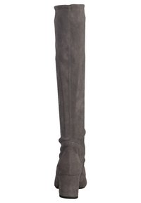 Grey suede over-the-knee boots with a chunky heel. Smooth texture, minimal seam detailing, and a fitted top design.