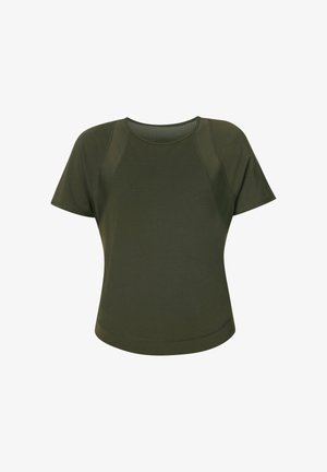 Kaki groen T-shirt met korte mouwen en een ronde halslijn, met geribbelde accenten op de schouders en een gebogen zoom voor een comfortabele pasvorm.