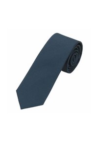 Marineblaue Krawatte aus strukturiertem Stoff, mit gerader Länge und spitzem Ende, zu einer Spiralform aufgerollt.