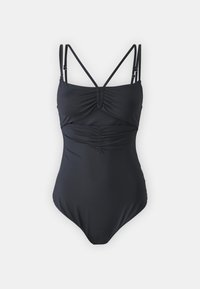 Sorte hel jumpsuit laget av glatt stoff, med rynker ved bysten og midjen, og tynne justerbare stropper i kryssdesign.