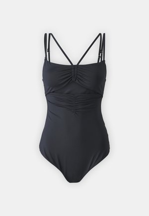 Zwart eendelig badpak gemaakt van gladde stof, met ruching bij de buste en taille, en dunne verstelbare bandjes in een kruissdesign.