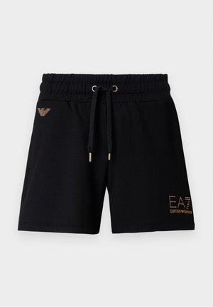 Juodos medvilninės šortai su elastine juosmens juosta ir raišteliais. Priekyje yra auksinis logotipo užrašas ir papuošimai. Du šoniniai kišenės.