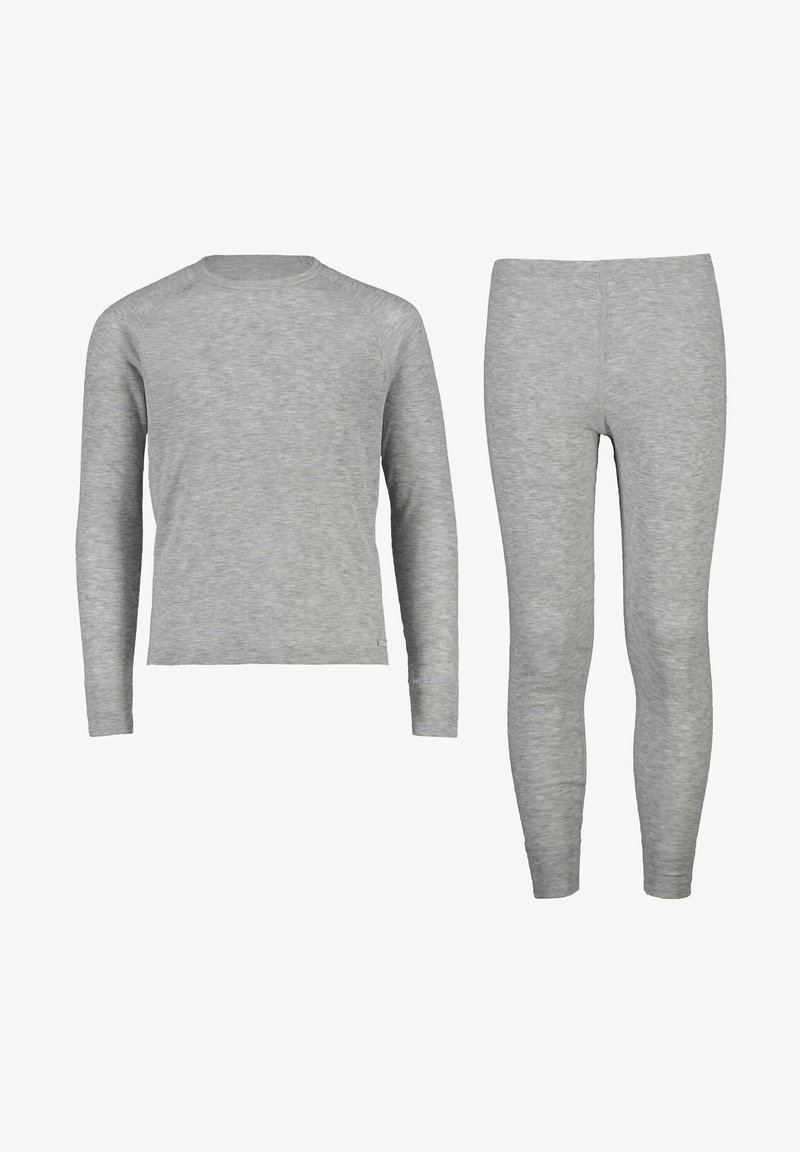 Grau langärmliges Shirt und Leggings aus weichem Stoff. Das Shirt hat einen Rundhalsausschnitt, während die Leggings ein glattes, tailliertes Design aufweisen.