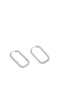 Silver hoop earrings with an octagonal shape, adorned with clear rhinestones along the edges and featuring a hinged clasp.