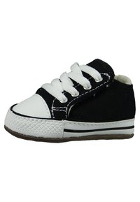 Baskets noires en toile avec un capuchon en caoutchouc blanc et des lacets, semelle texturée et surpiqûres blanches sur les côtés. Conception petite et basse.