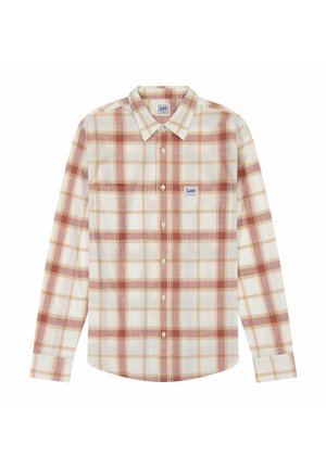 Geverifieerde lange mouwen shirt in licht roomkleur met roest- en perziktonen. Beschikt over een knoopsluiting kraag, twee voorkantzakken en een merklabel op de borst.