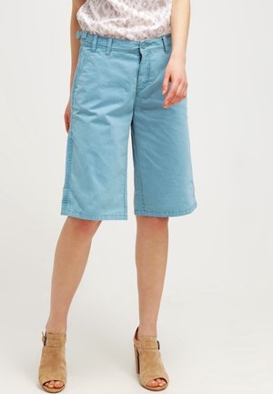 Kvinde iført lyseblå shorts i mellemlængde, blomstret top og beige åbne hælede sko, stående mod en ensfarvet lys baggrund.