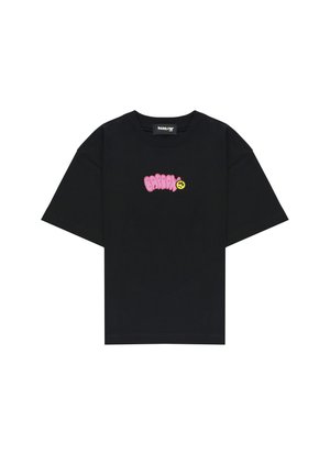 Maglietta nera a maniche corte con scritta in bolle rosa "BARROW" e una piccola faccina sorridente gialla sul petto sotto la scollatura.